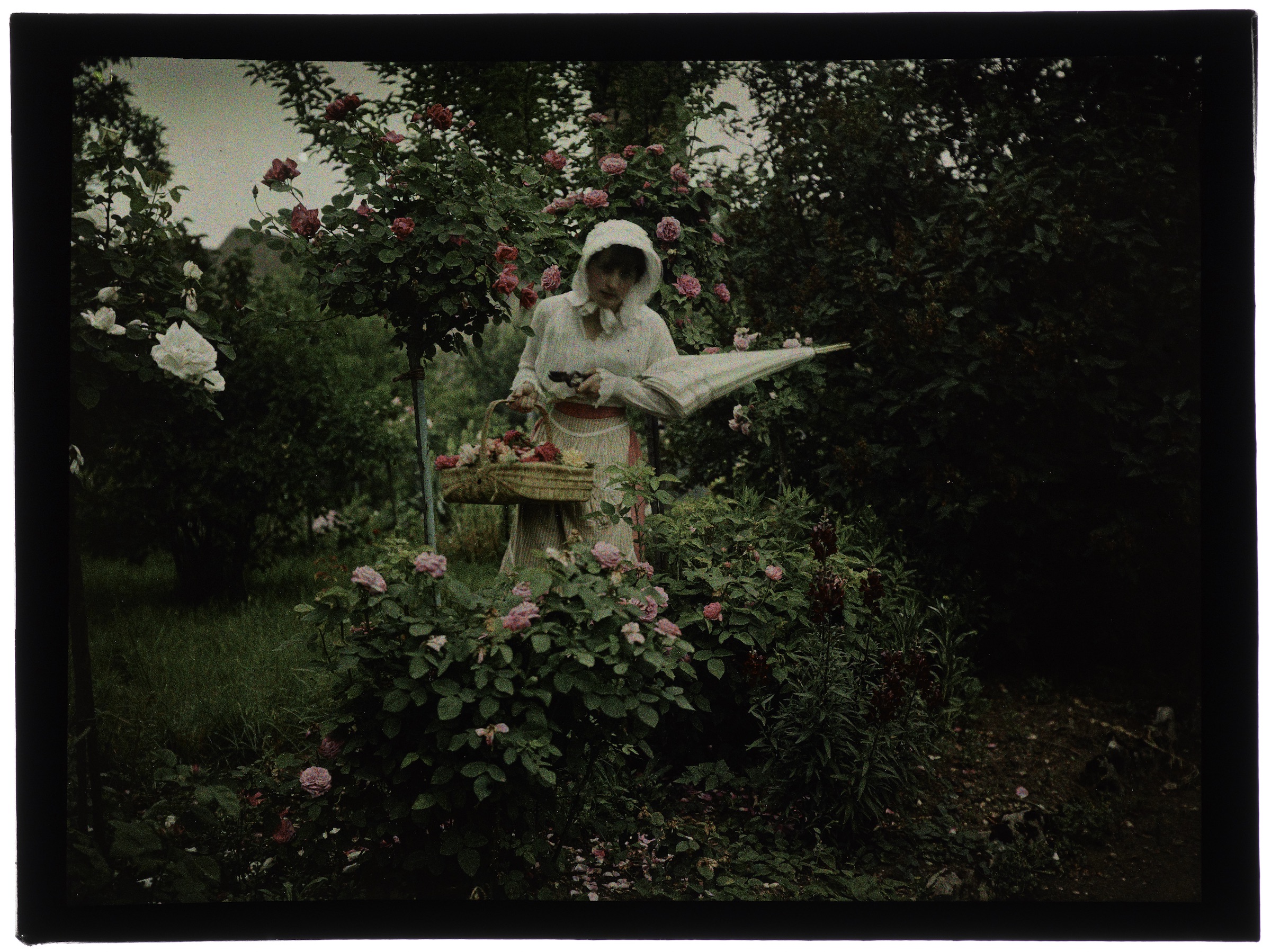 Femme en hâlette au jardin fleuri