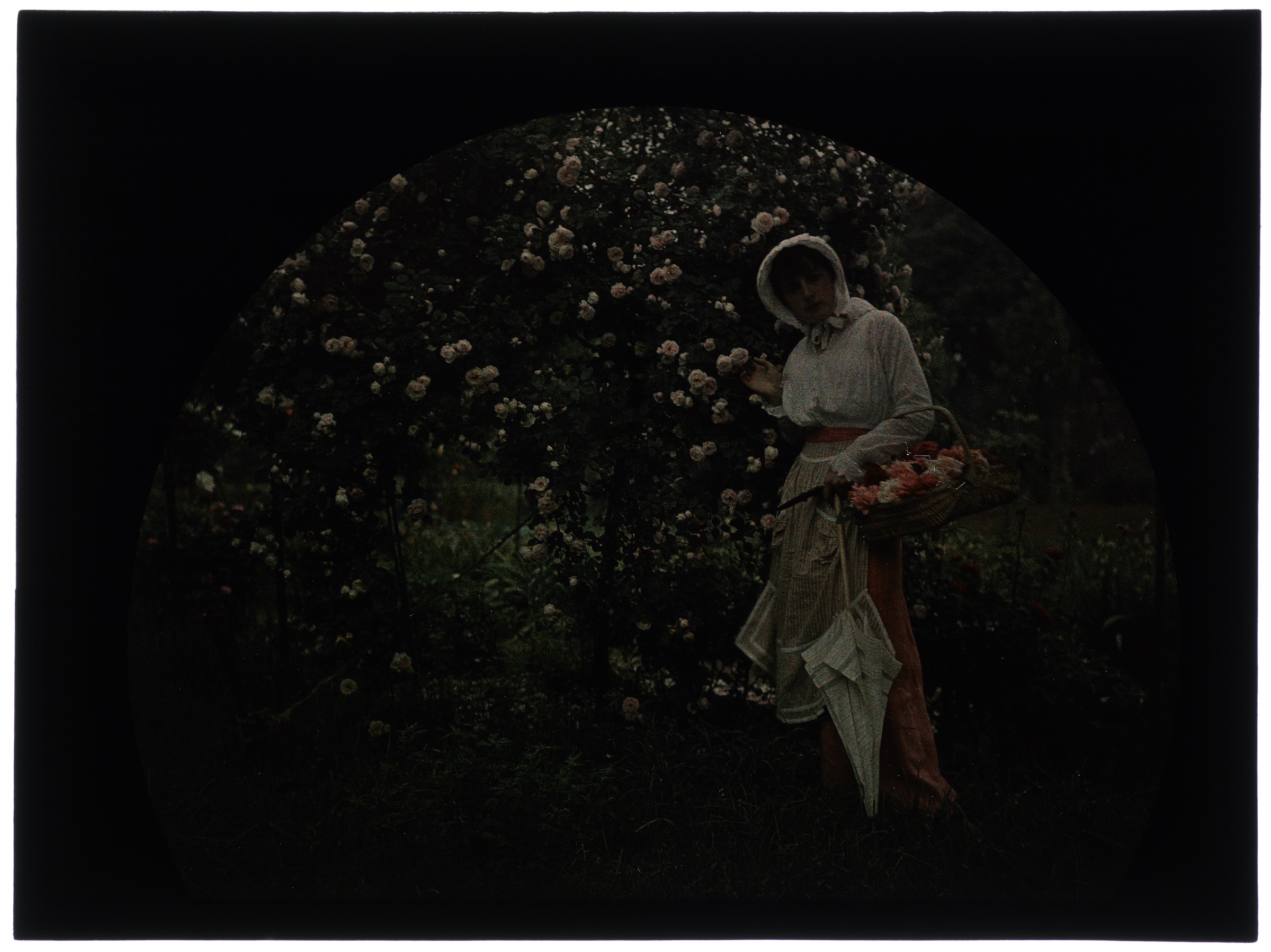 Femme en hâlette au jardin fleuri